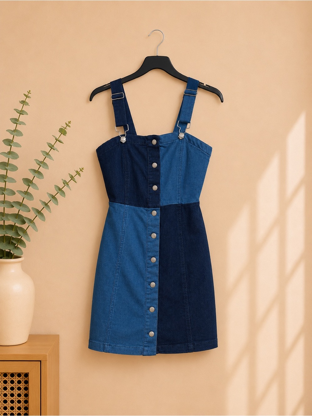 Derek Heart Colorblock Denim Mini Dress Medium Button Front Adjustable Straps - Picture 3 of 4